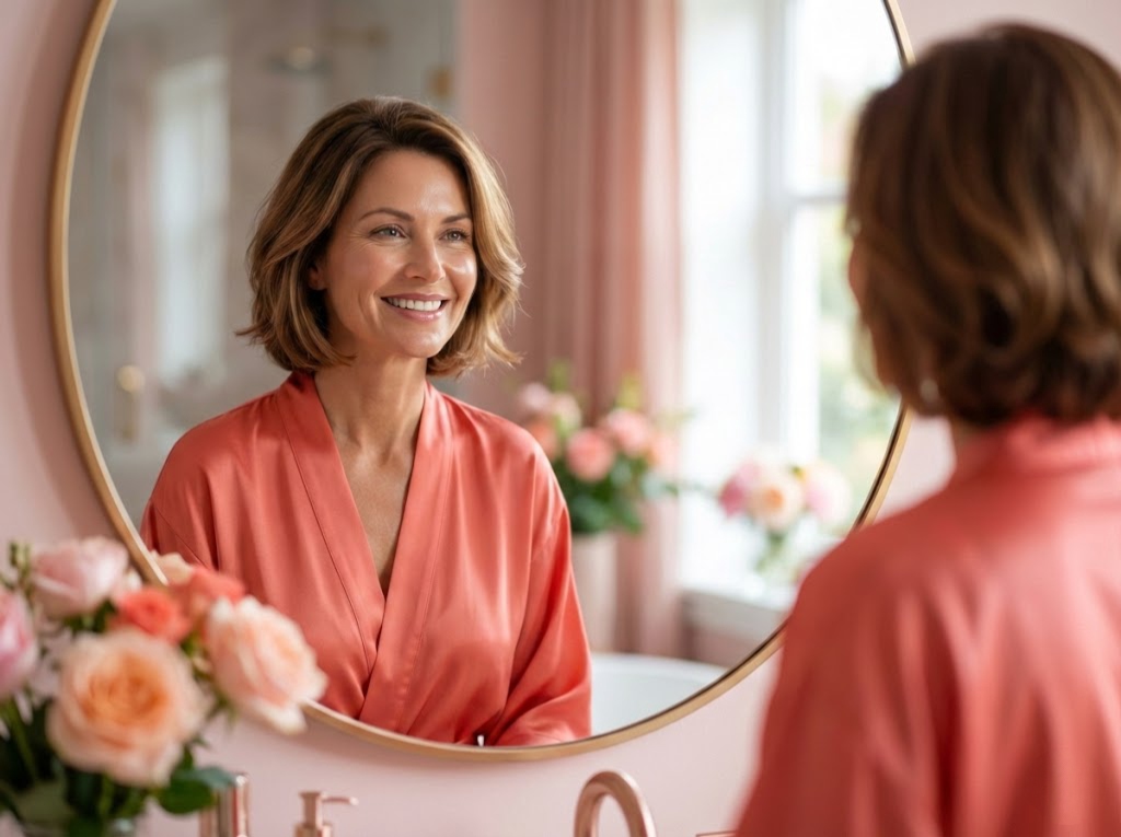 Женщина смотрит в зеркало и улыбается
