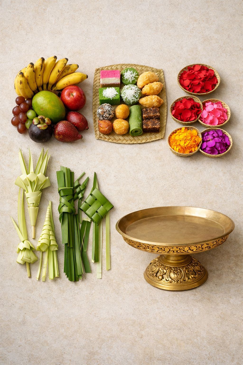 Susunan gebogan Bali dari buah jajan bunga dan janur untuk persembahan upacara