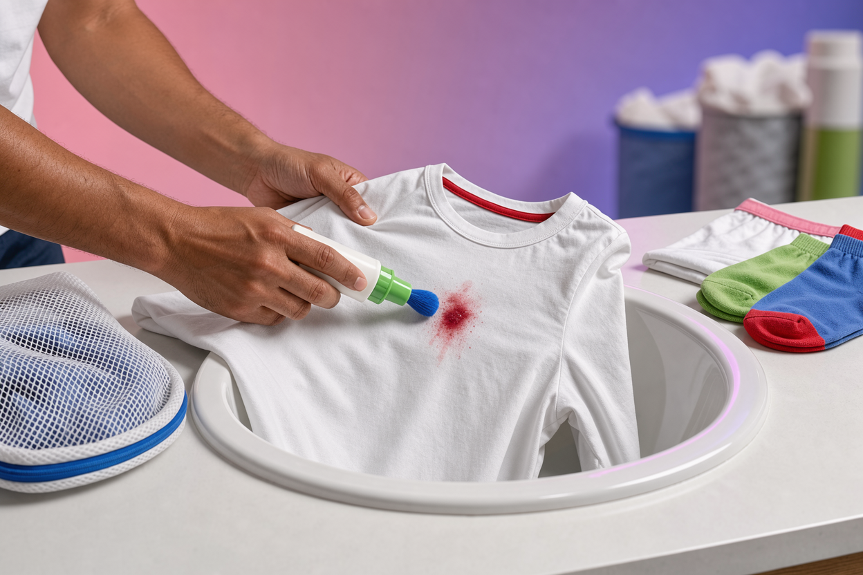 Hands pretreating a small stain on a shirt over a sink, using a gentle applicator, next to a mesh laundry bag and folded underwear and socks