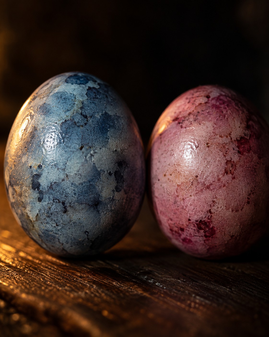A soft blue egg dyed with red cabbage next to a pink beet-dyed egg on a dark wooden board, close up