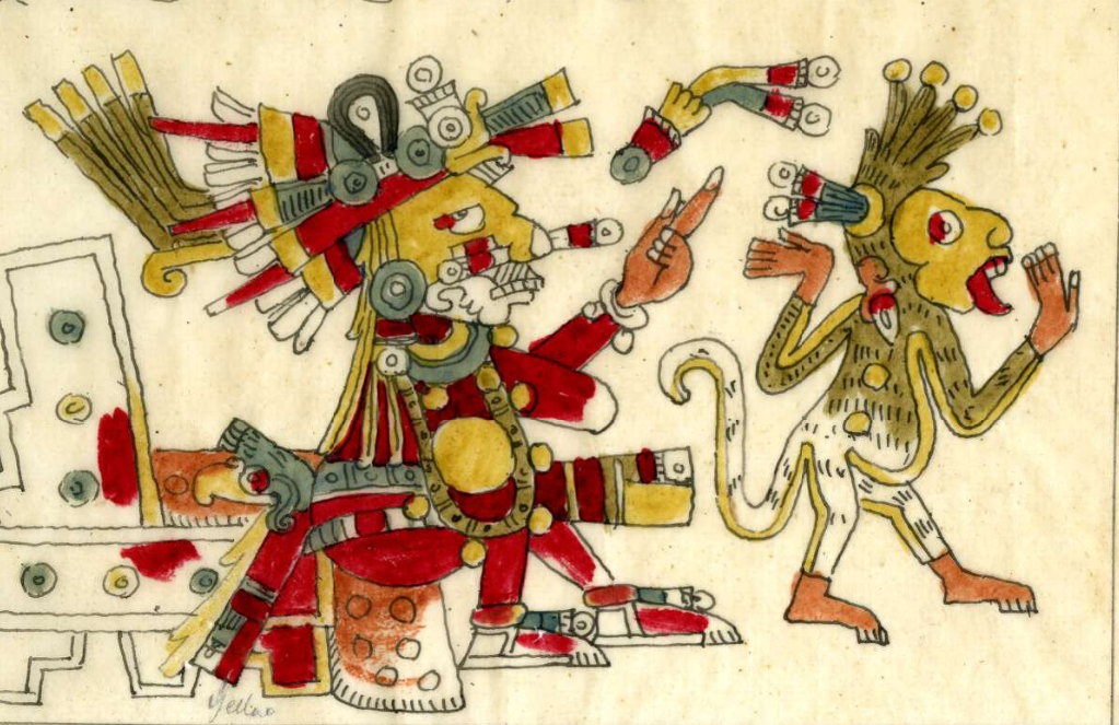 Шочипилли и обезьяна. Фрагмент кодекса Борджиа. Факсимиле из коллекции the British Museum.