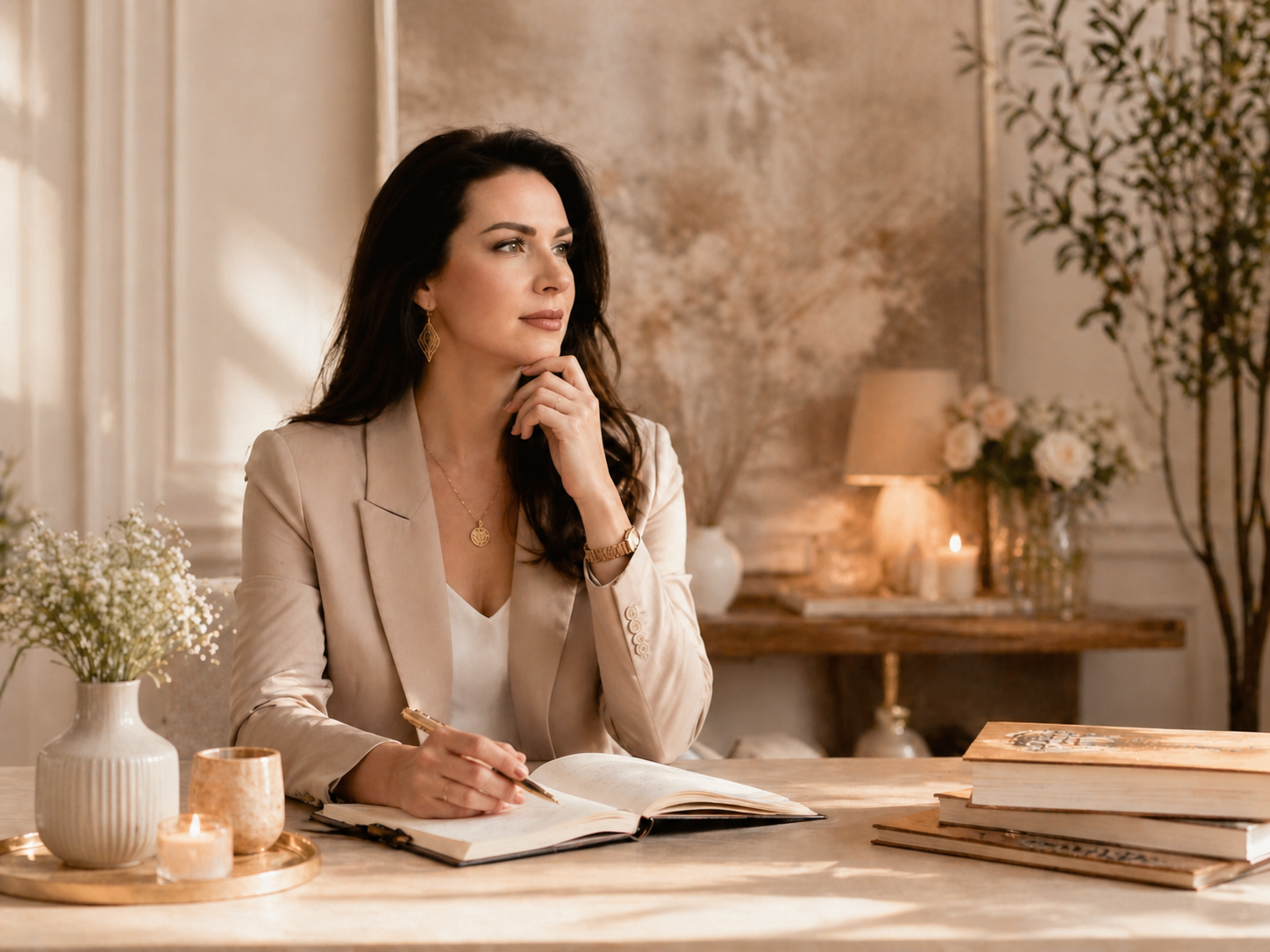 Женщина в светлом кабинете за работой с блокнотом