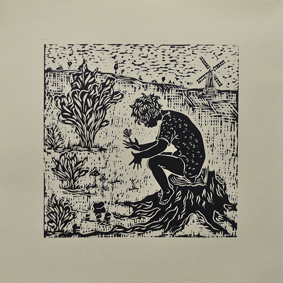engraving linocut Nude child and butterfly