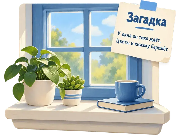 Подоконник с цветами в горшках, книжкой и чашкой и записка-загадка для домашнего квеста