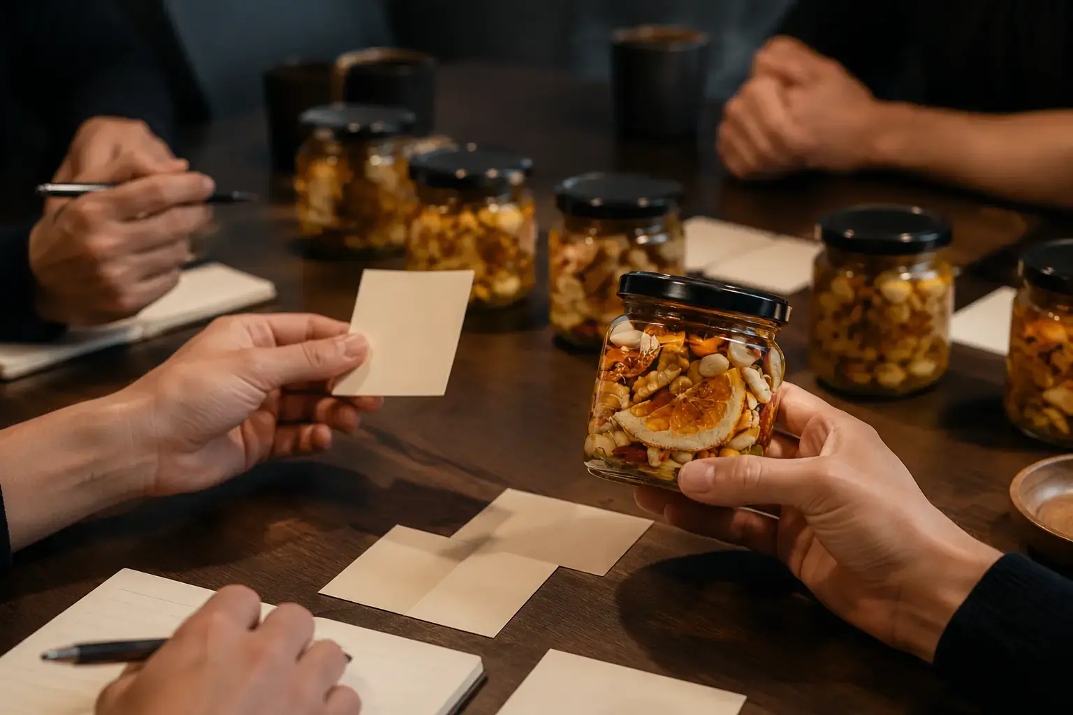 Участники фокус-группы оценивают продукт «Орехи в меду» за рабочим столом