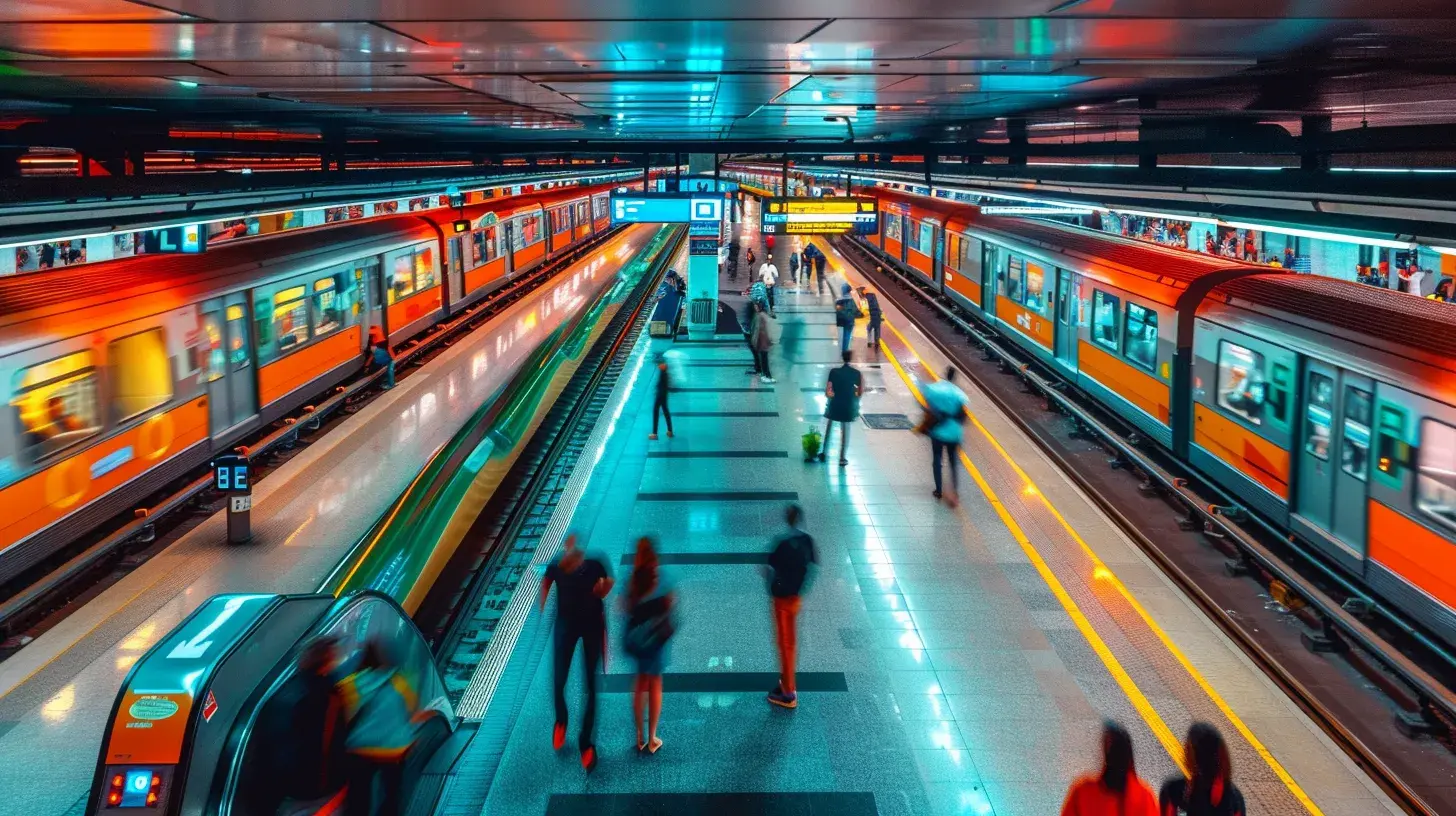 a bustling urban metro station in barcelona, featuring vibrant signage and diverse commuters using smartphones to navigate the efficient public transport system, with colorful trains arriving on the platform.
