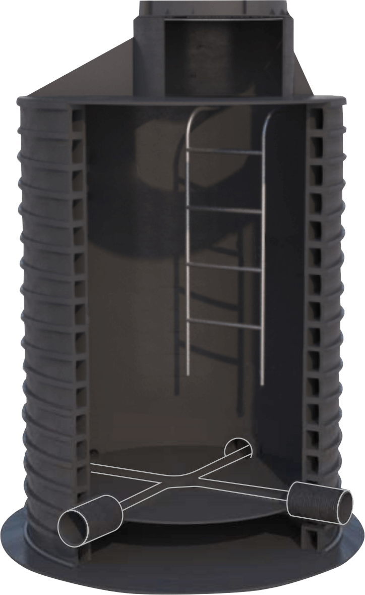 Канализационный колодец с крестовинным типом лотка