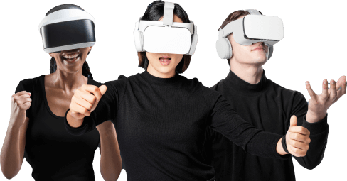 Люди играют компанией в игры в vr