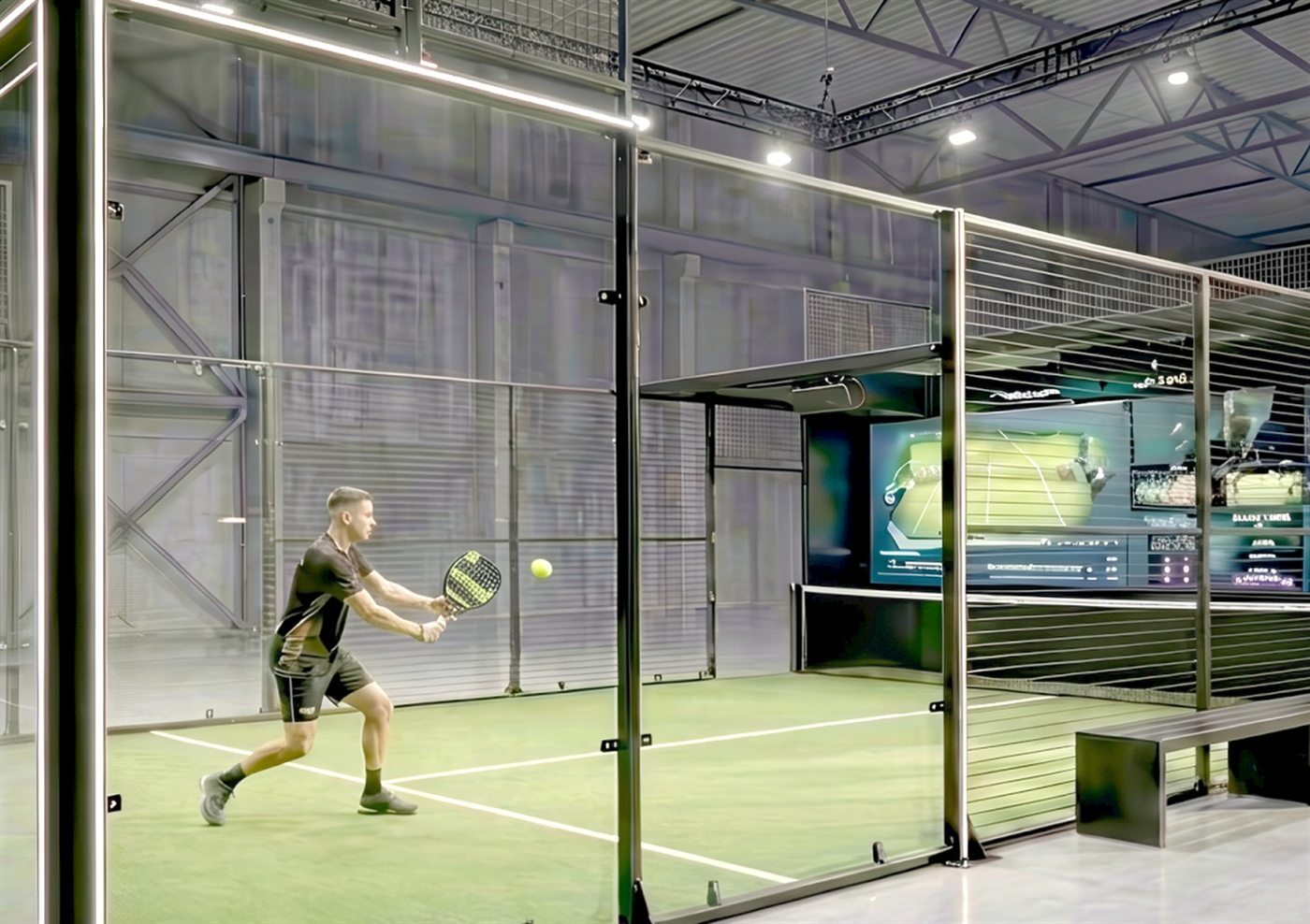Игрок на интеллектуальном корте SmartArena Padel у интерактивной стены