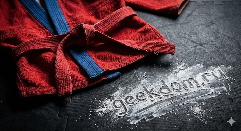 Куртка для самбо и пояс лежат на борцовском ковре