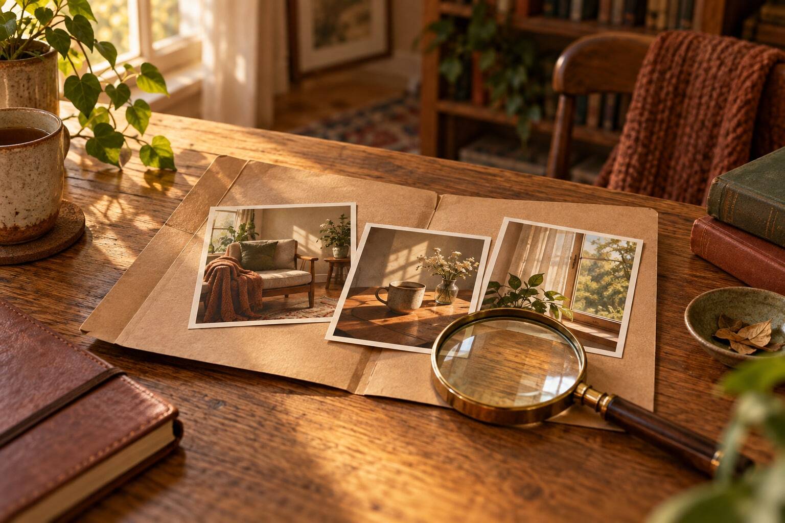Папка, фотографии и лупа на письменном столе