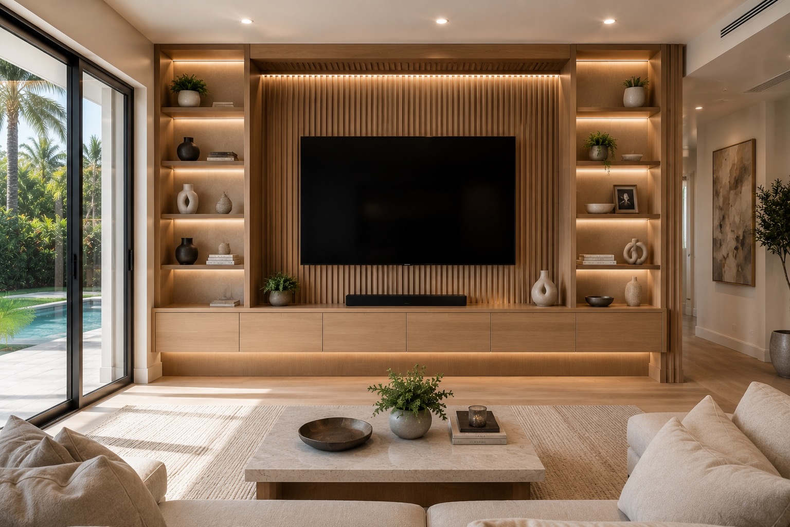 Contemporary floating media center with wood slat accent wall and custom cabinetry in a Central Florida home.