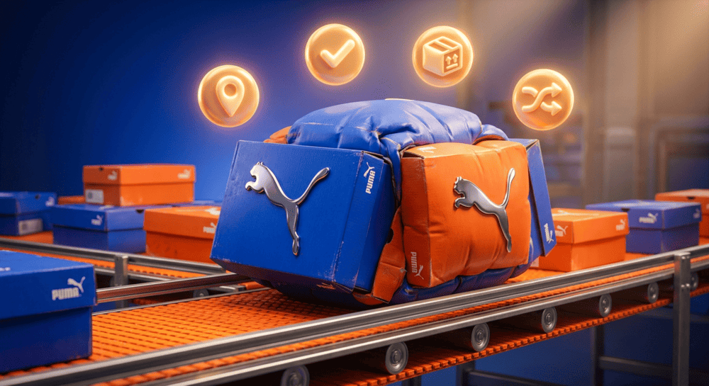 Коробки Puma на конвейере для доставки из Китая в Россию