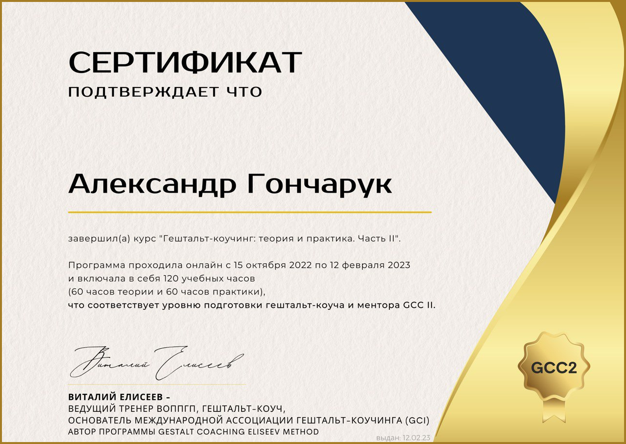 Сертификат Александра Гончарука