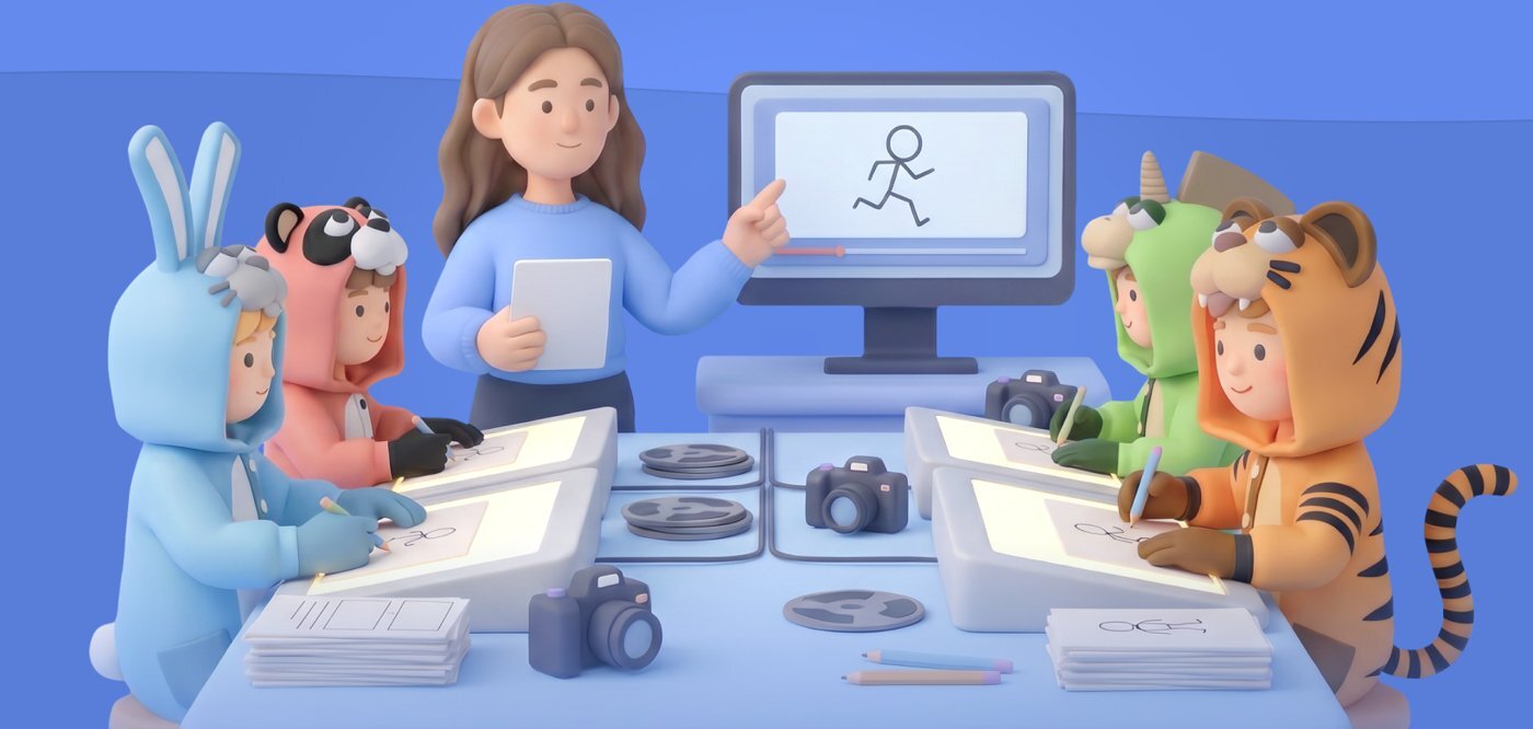 Занятие по мультипликации в студии 3Dkids: спикер и дети за монтажом и съёмкой