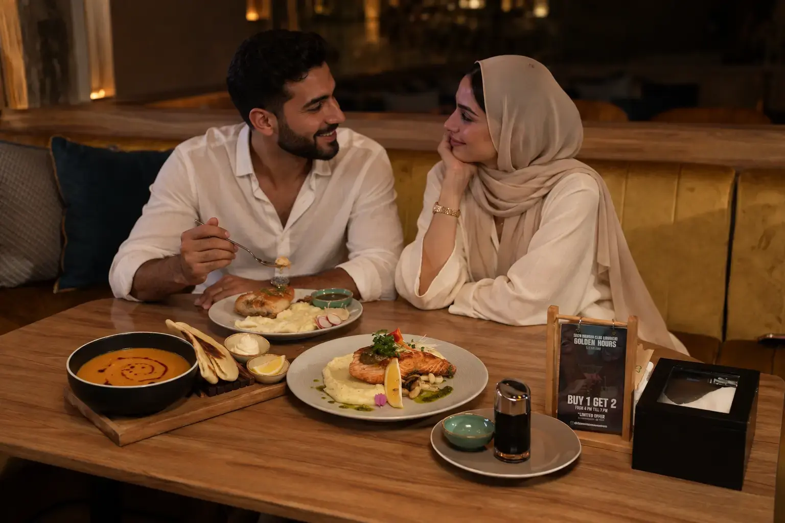 A couple enjoying halal food and a cozy dinner at Eden Hookah Club in Uluwatu