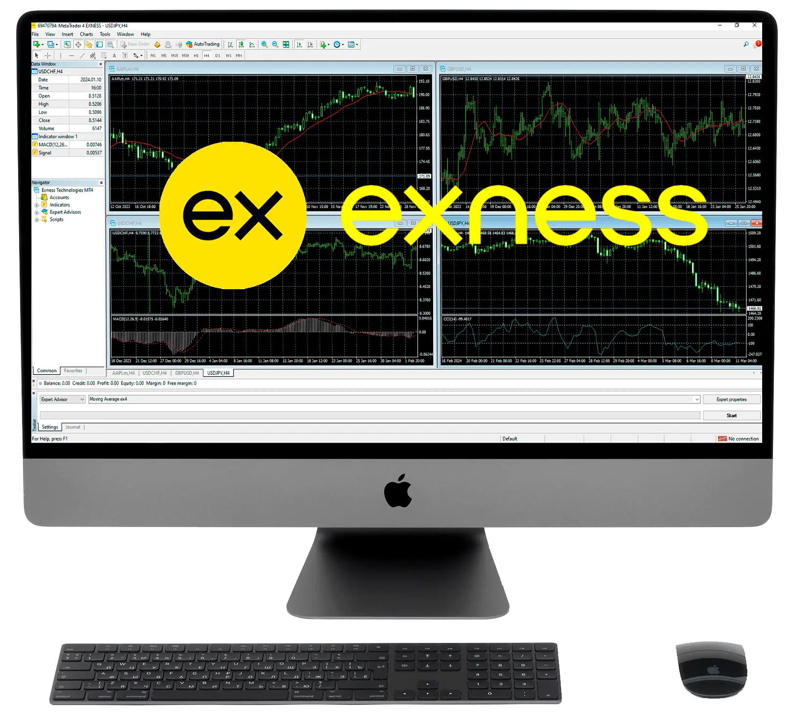 Exness trading platform on mac computer with company logo