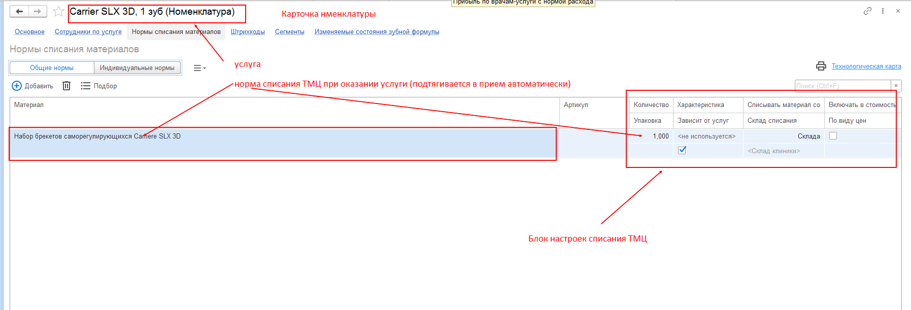 нормы списания для примера с имплантами
