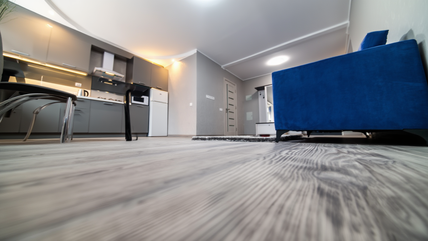 Современный ремонт квартиры под сдачу в Москве: практичный серый ламинат и стильная кухня-гостиная