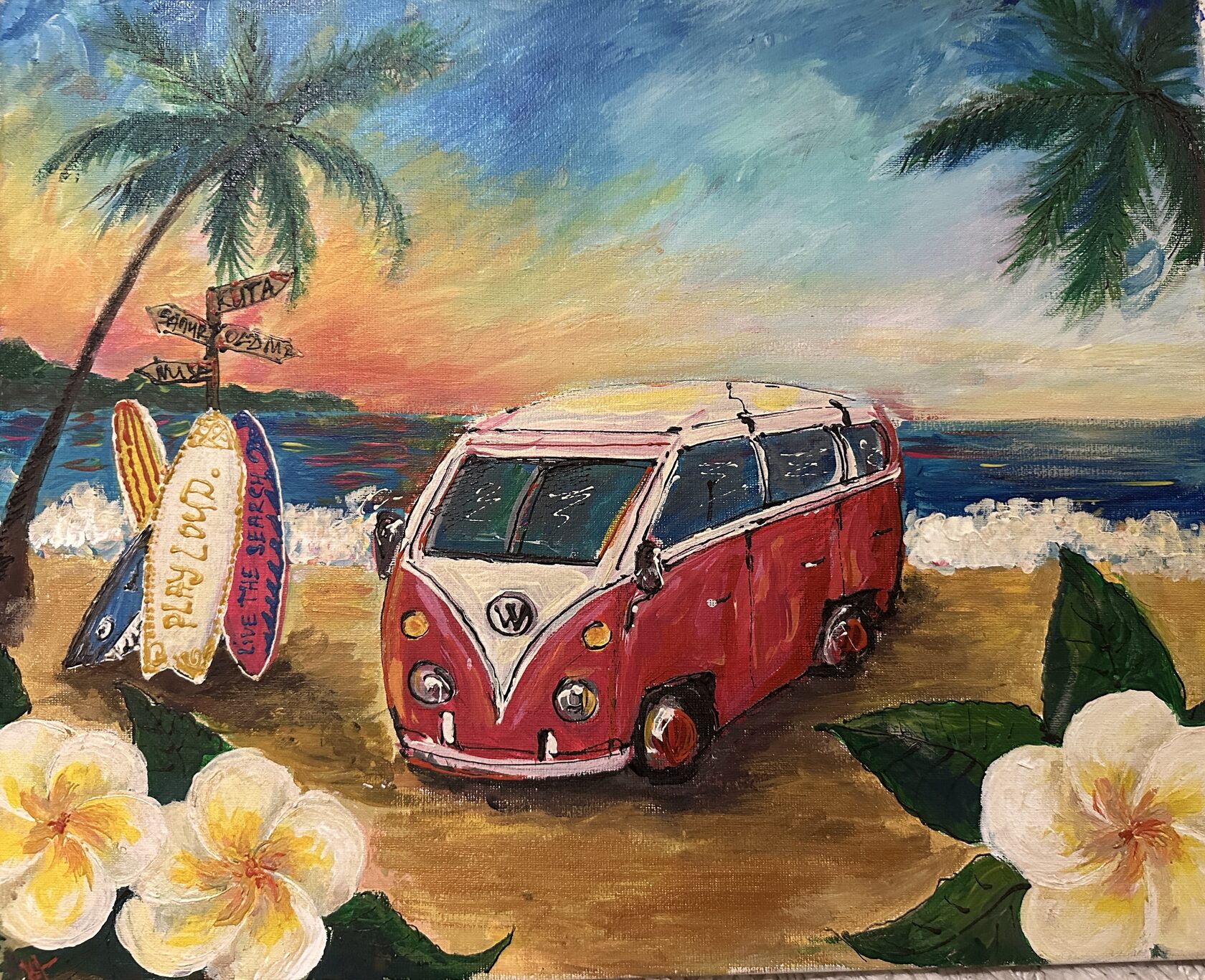 Surf Van — acrylic painting of a vintage red Volkswagen van on a tropical beach at sunset