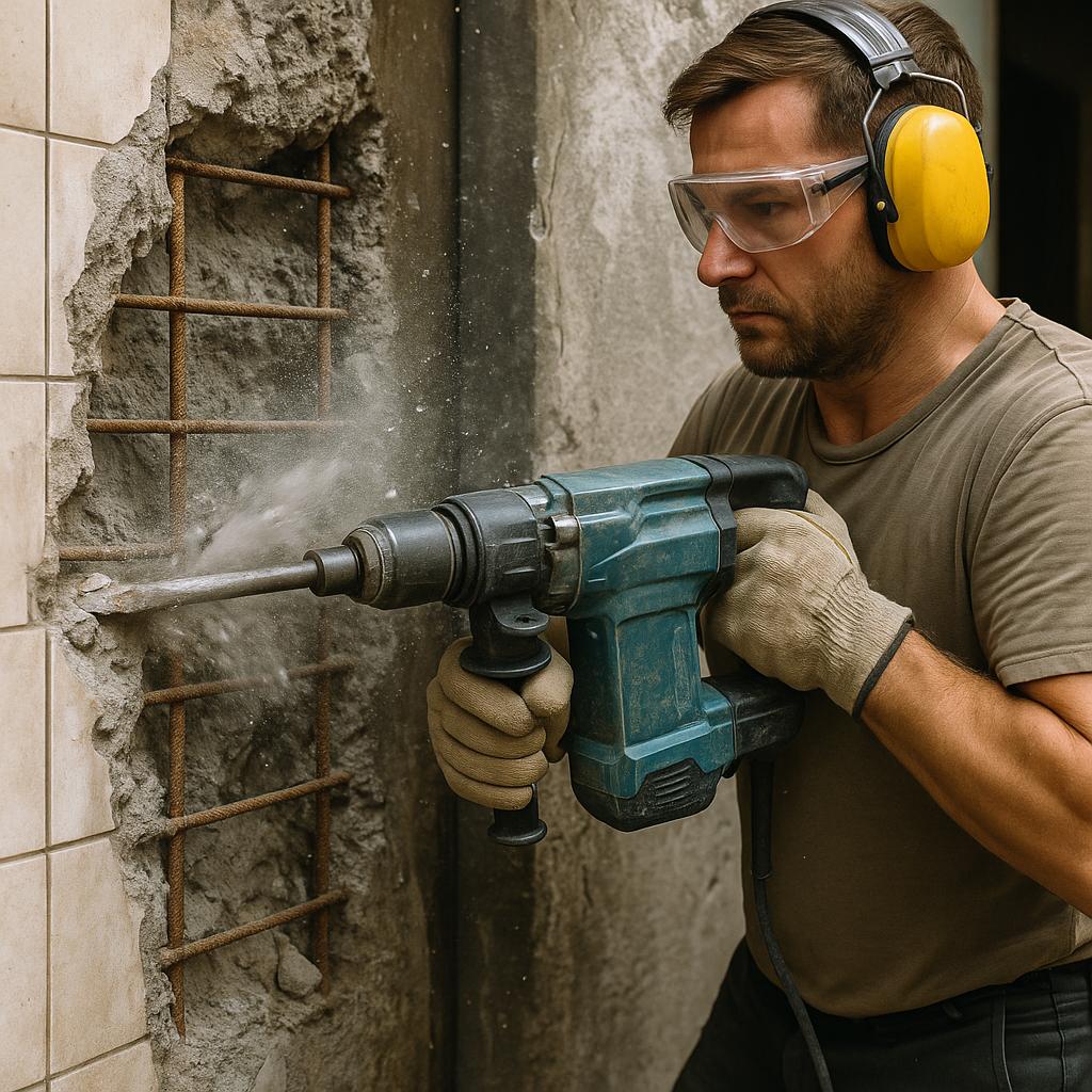 Къртене на бетон в баня в панелен блок – работник с професионален къртач разбива твърда армирана плоча, показваща колко трудно и рисковано е самостоятелното къртене на баня в София.