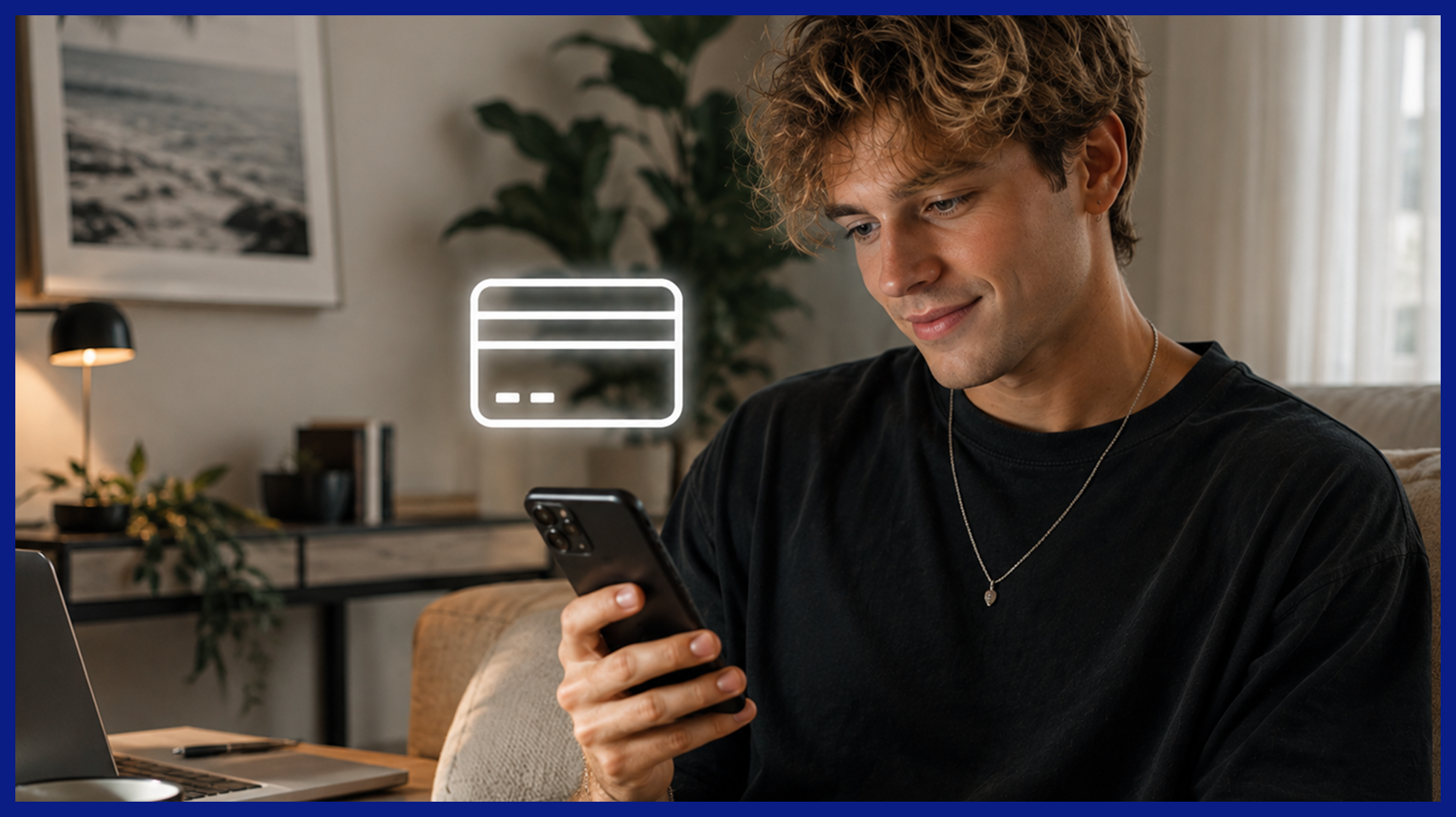 Man using a smartphone with a payment card icon, illustrating One2Fan credits for communication with creators