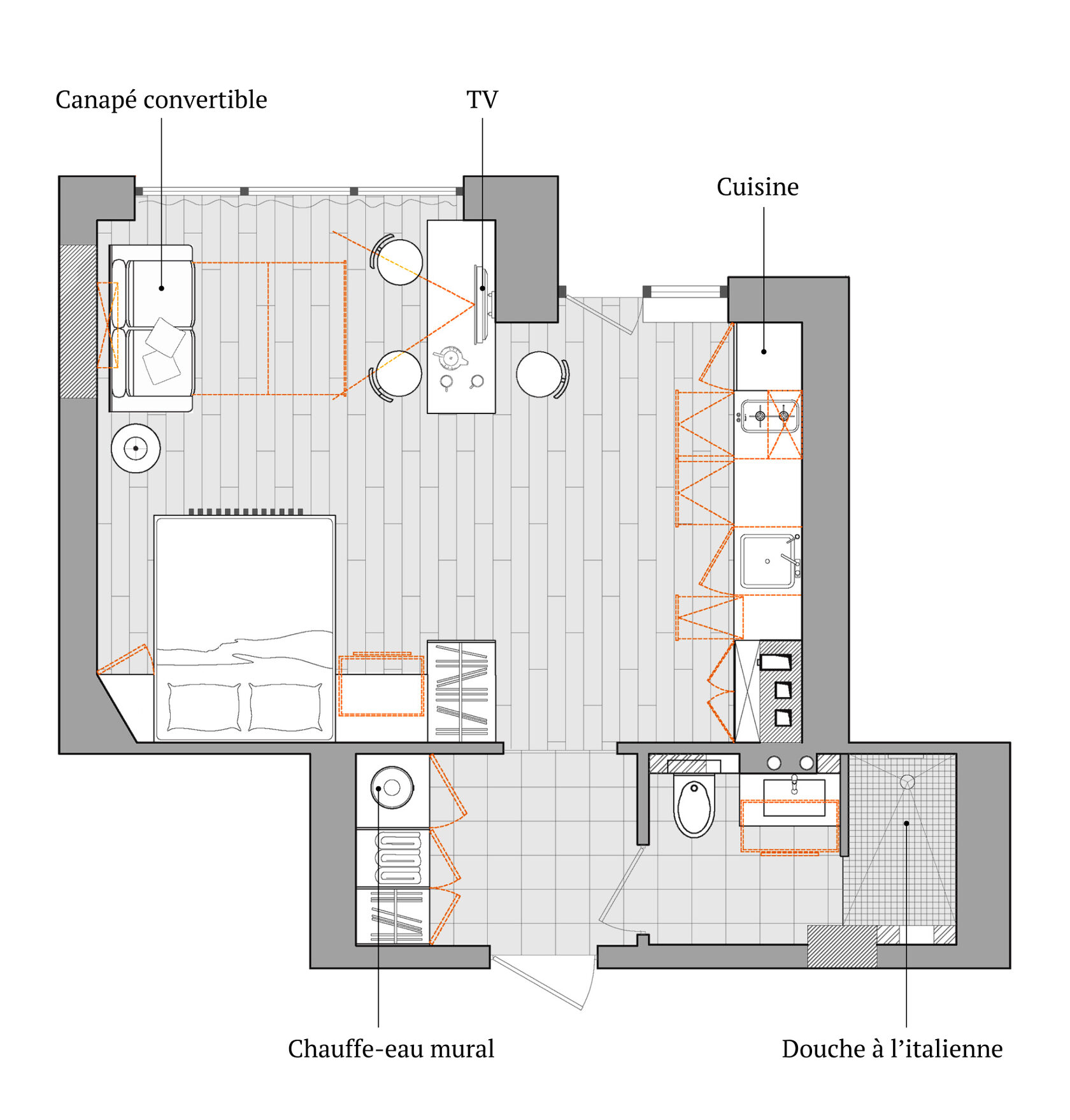 Plan final d’aménagement d’un petit appartement avec espaces bien définis