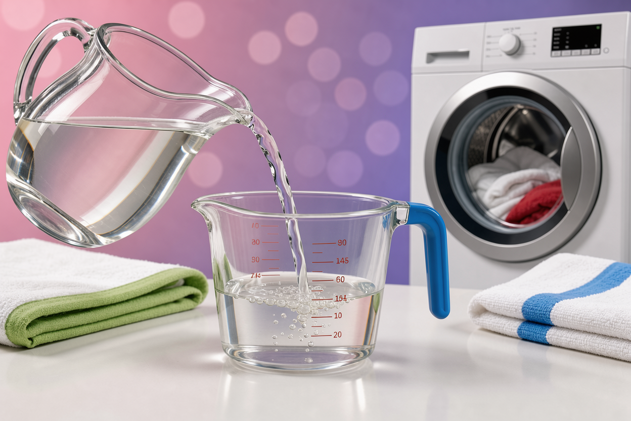 Close-up of white vinegar being poured into a measuring cup beside a washing machine, towels in the drum visible but no packaging or product names