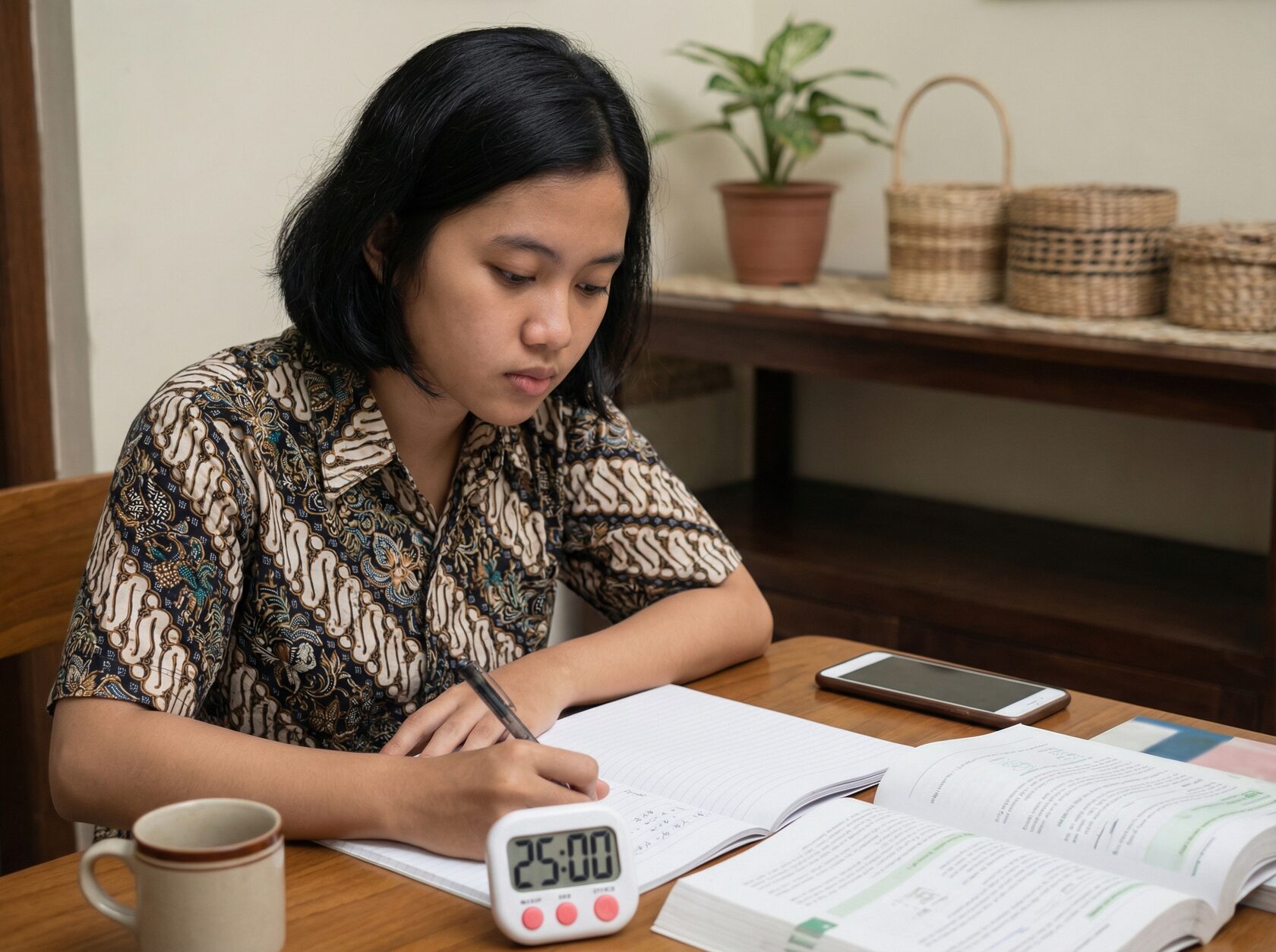 Zona belajar sederhana di rumah dengan buku terbuka, timer, dan ponsel diletakkan terpisah