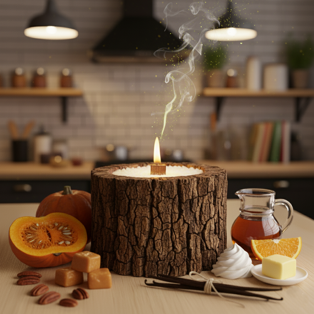 Свеча в спиле дерева с ароматом Тыквенно-карамельный хруст
