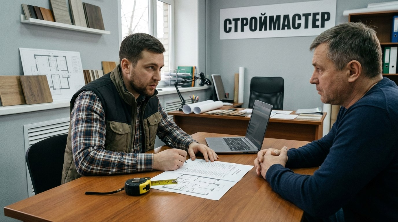 Прораб проверяет смету с заказчиком — обсуждение договора на ремонт квартиры под ключ