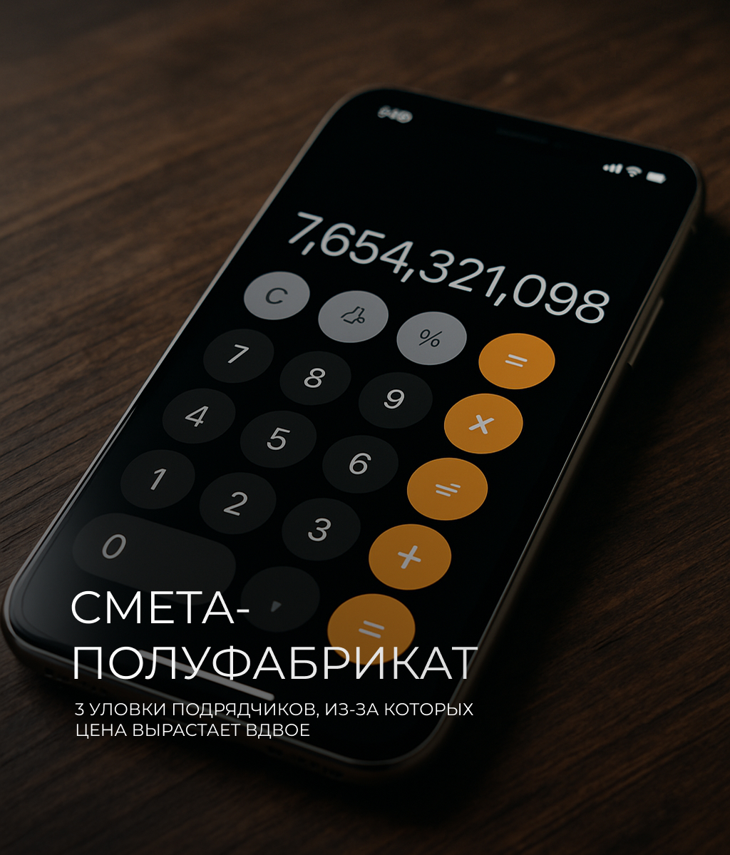 Калькулятор на смартфоне, символизирующий непрозрачную смету на ремонт офиса. На изображении текст: «Смета-полуфабрикат. 3 уловки подрядчиков, из-за которых цена вырастает вдвое»