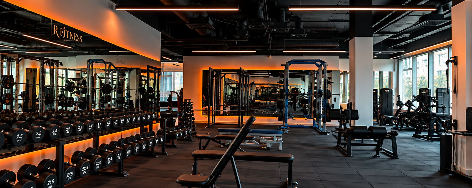 Панорамный вид тренажёрного зала R FITNESS: свободные веса и силовые тренажёры