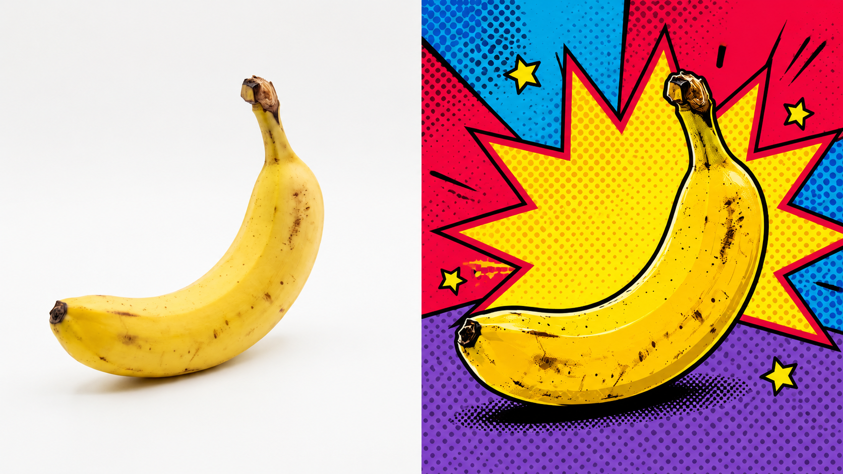 Side-by-side horizontal comparison of a real banana reference photo and a pop art illustration of the same banana with bold outlines, halftone dots, and bright comic-style colors.