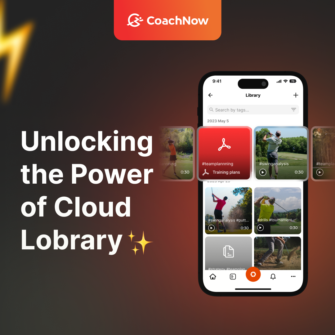 Coachnow unlocking the power of cloud library with gold sparkles on a black and orange ombre background with a yellow lightning bolt. an iphone 15 showing the coachnow cloud library with 7 videos of people swinging golf clubs.