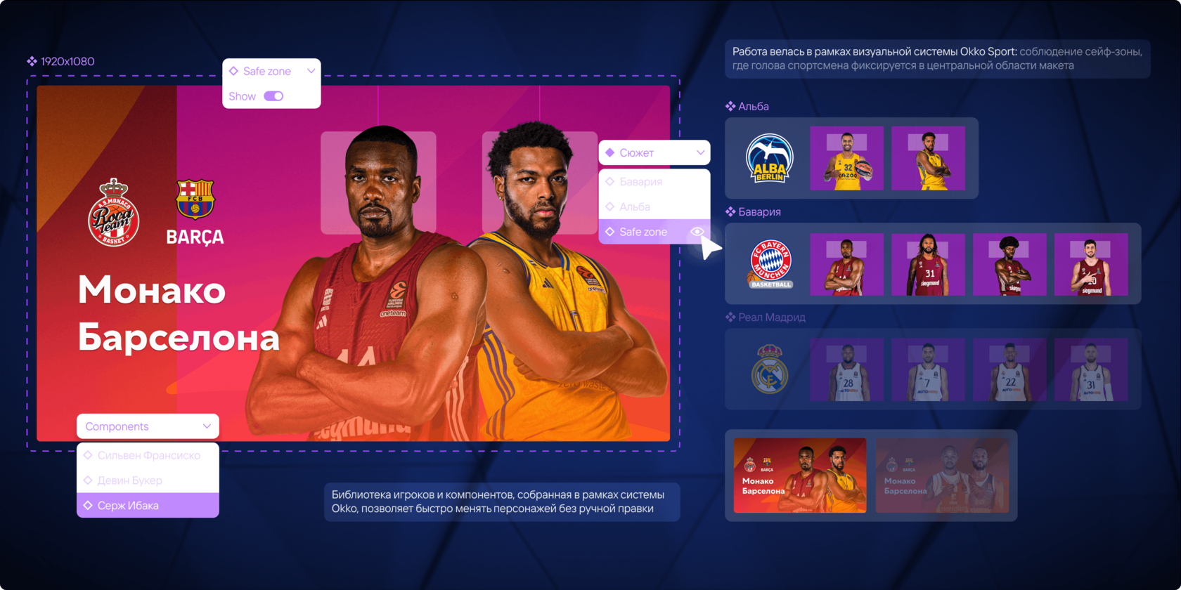 Айдентика Okko Sport: макет системы компонентов для спортивных афиш — баннер матча «Монако — Барселона» с двумя баскетболистами и логотипами команд, поверх показаны safe zone и выпадающие списки выбора команды/компонентов.
