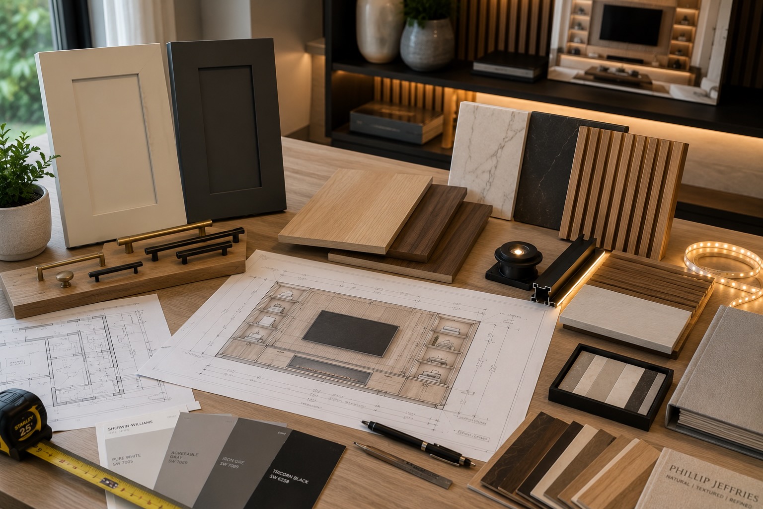 Design planning workspace featuring cabinetry samples, architectural drawings, and materials for a custom media center.