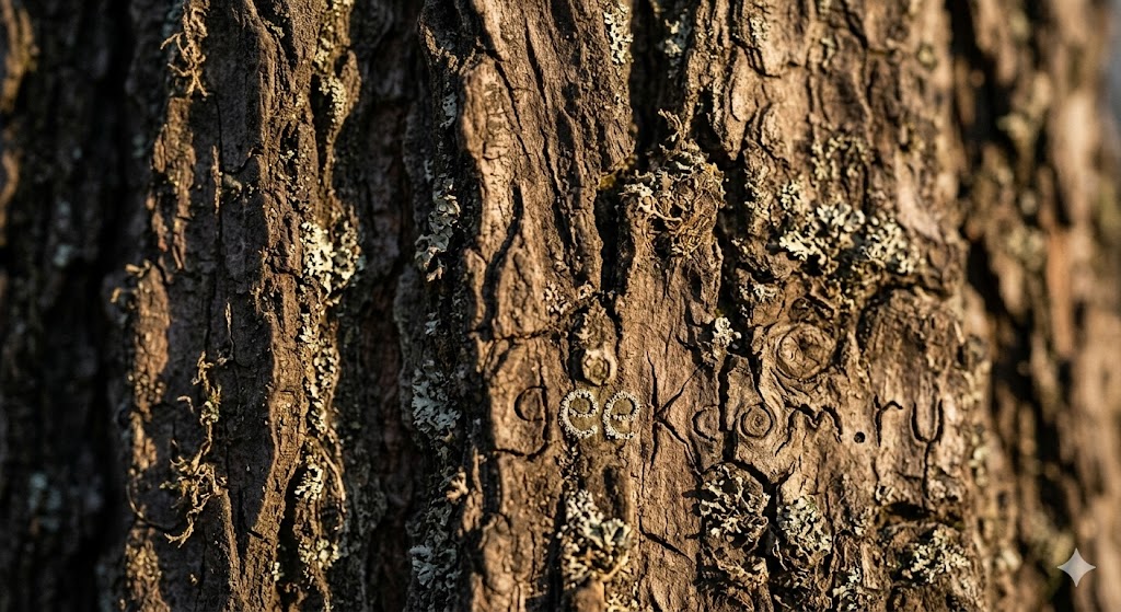 Фактура древесной коры с лишайником в макросъемке.