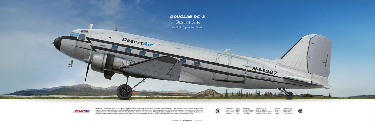 A DC-3 airplane on the background of Alaska. Aviaposter