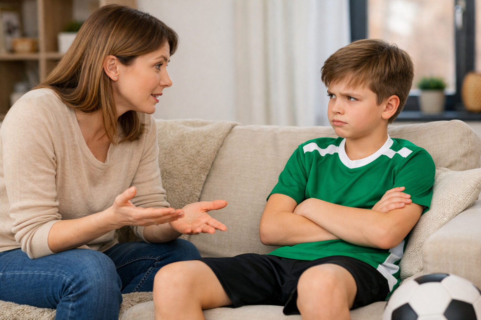 Родитель и ребёнок-футболист разговаривают