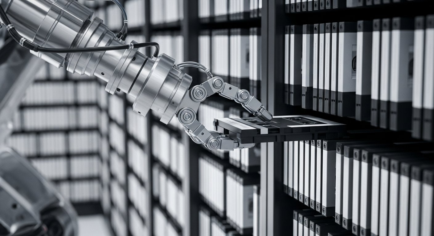 Механическая рука робота манипулирует кассетой внутри библиотеки, слоты с магнитными лентами, крупный план процесса.