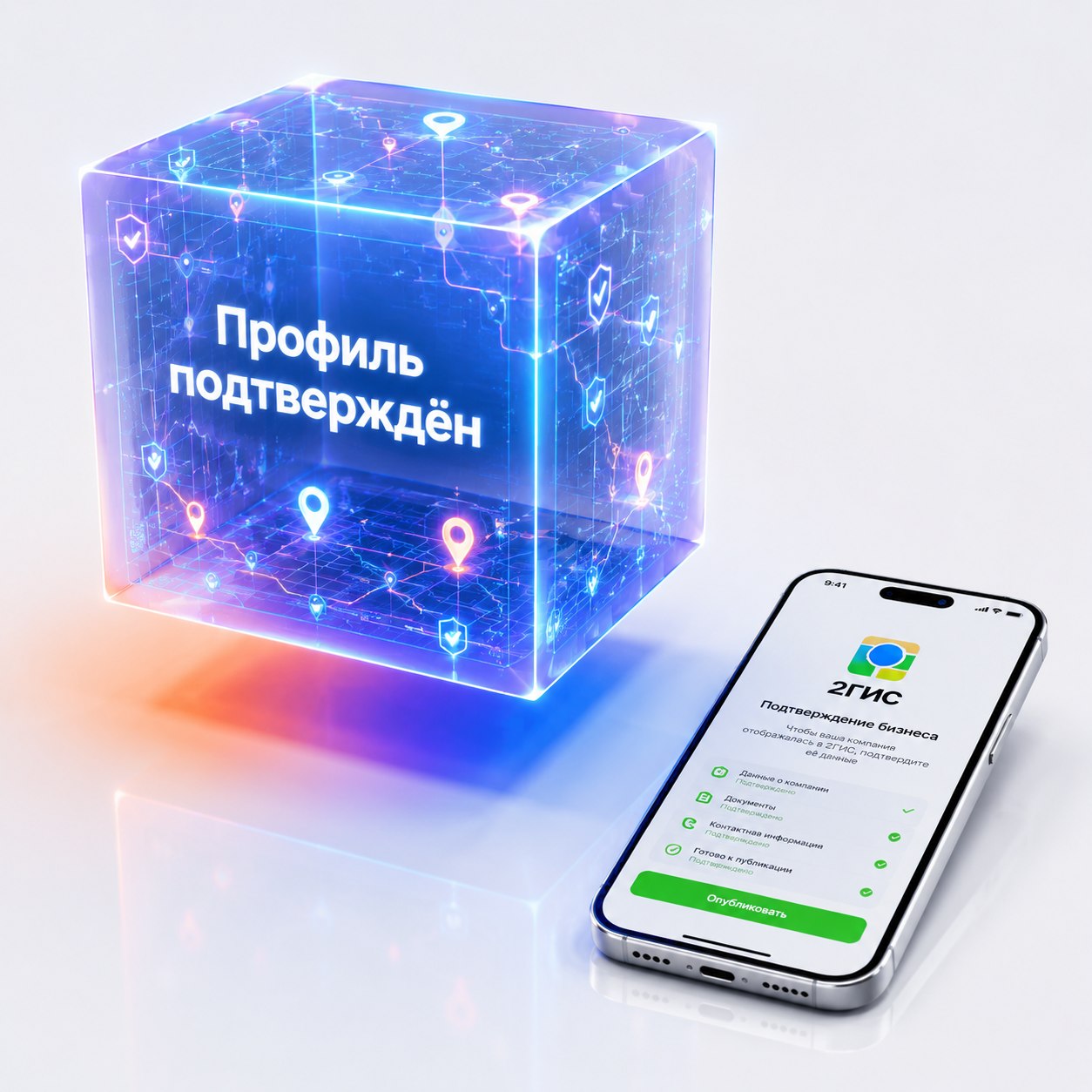 3D-голограмма с текстом Профиль подтверждён и смартфоном с интерфейсом 2ГИС