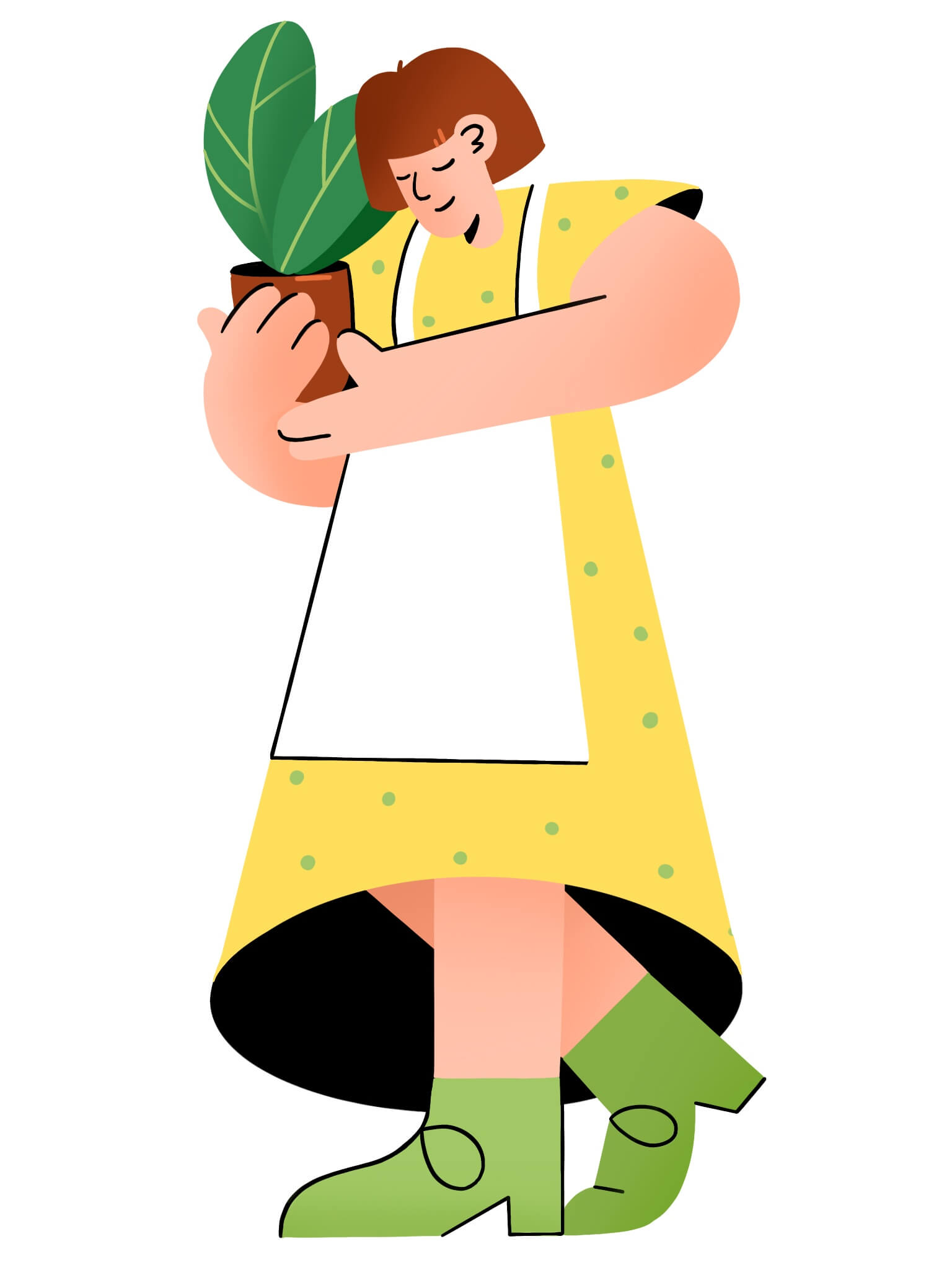 Девушка в жёлтом платье обнимает цветок в горшке – метафора заботы о природе