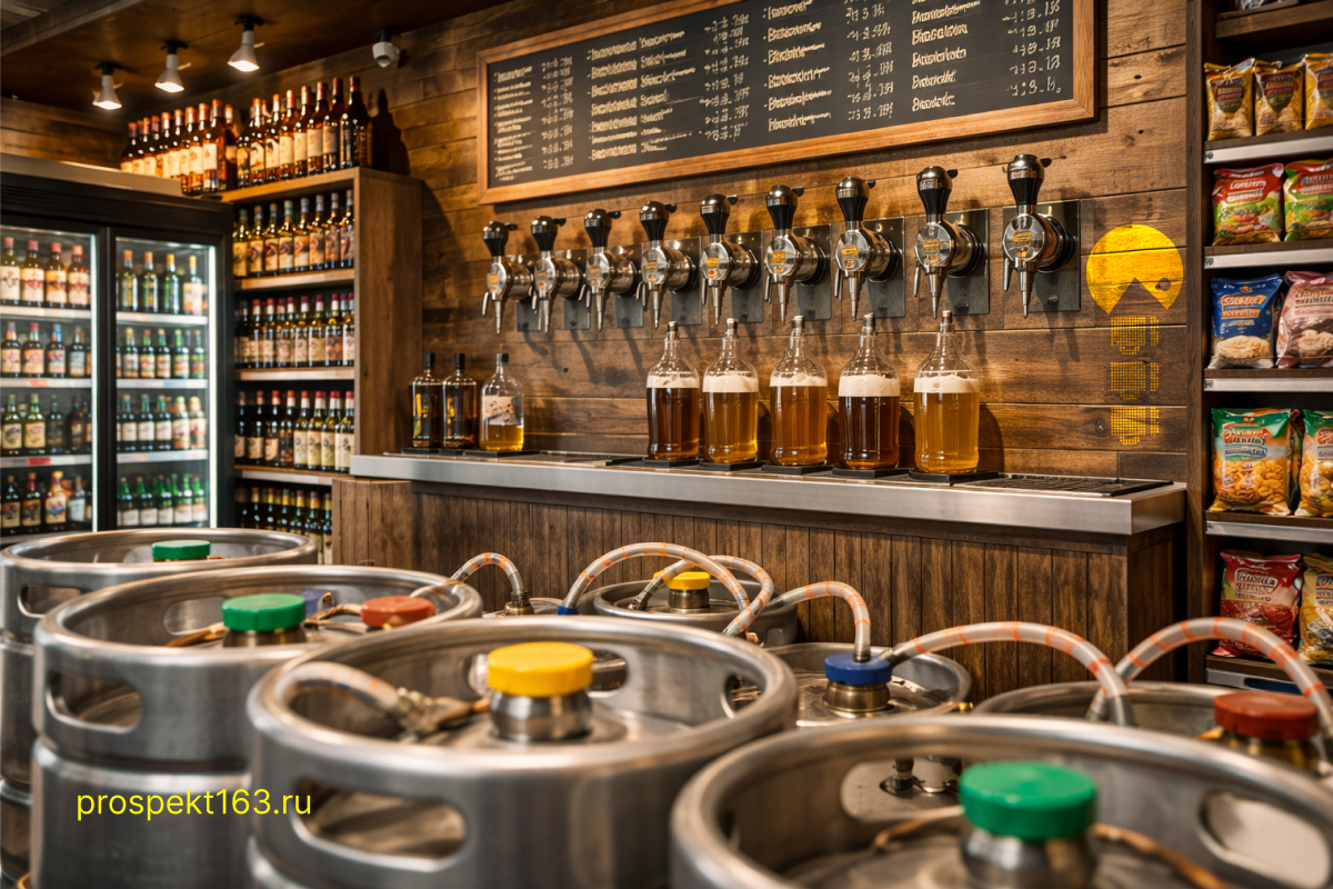 Краны для розлива пива, кеги и витрина с ассортиментом в магазине разливного пива