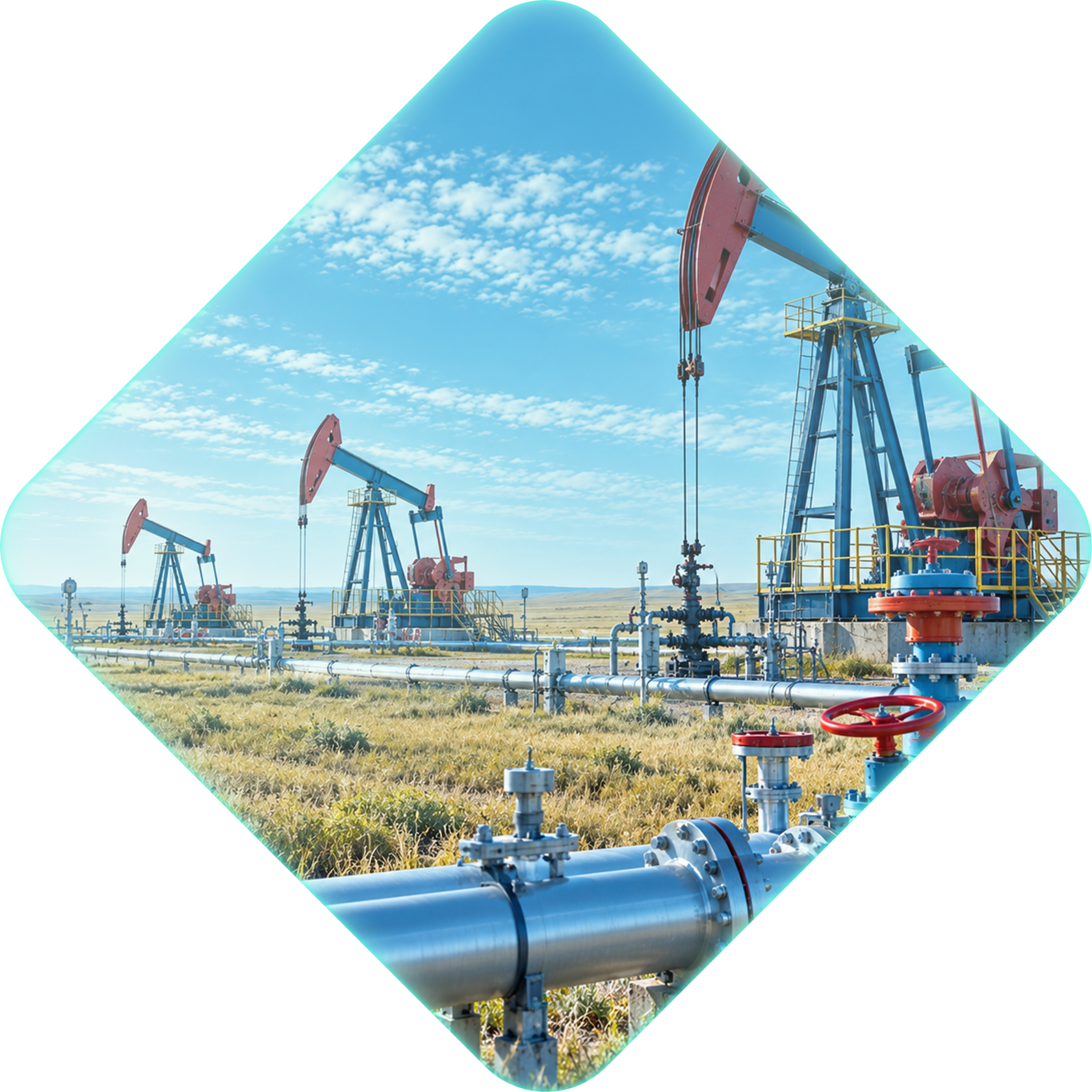Нефтегазовое предприятие: завод с нефтехимическими установками, трубопроводами и резервуарами для хранения нефти и газа.