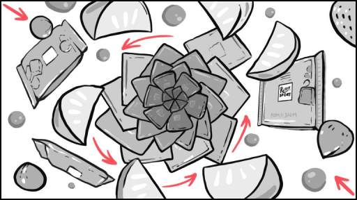 Шоколадная мозаика – центр внимания Ritter Sport – Кадр из графической раскадровки: плитки шоколада складываются в гипнотический узор с логотипом в центре. Эстетика бренда, премиальное качество, визуальная привлекательность