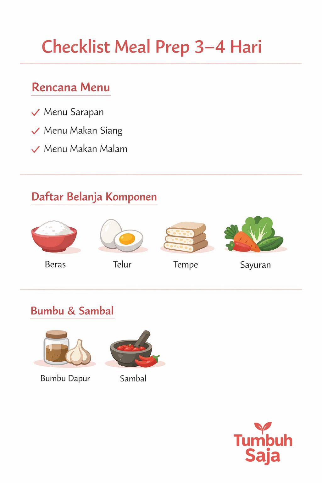 Checklist meal prep 3 sampai 4 hari berisi rencana menu, daftar belanja komponen, dan bumbu dapur untuk masak lebih praktis