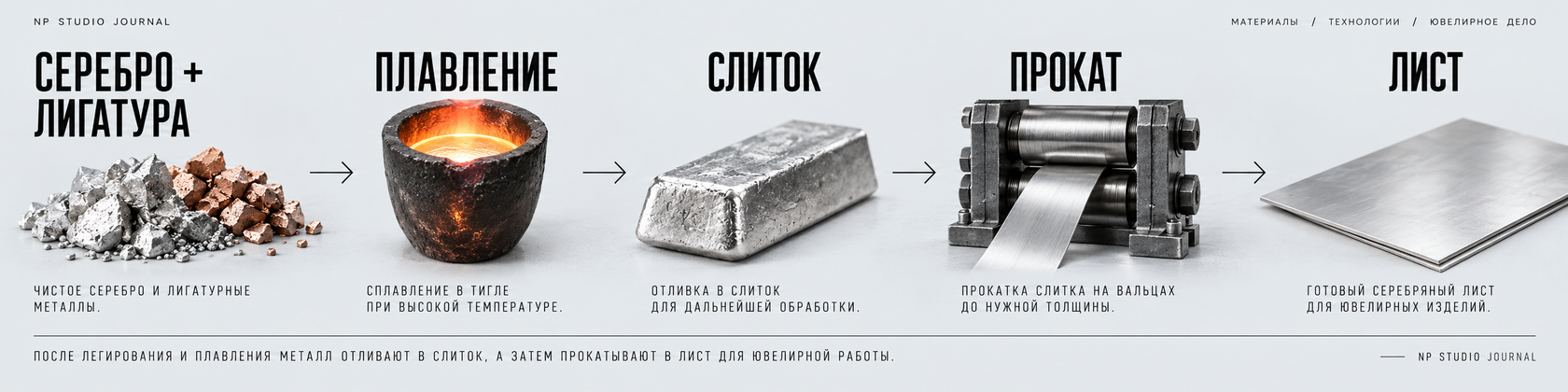 Процесс изготовления стерлингового серебра: плавление, слиток, прокатка и лист
