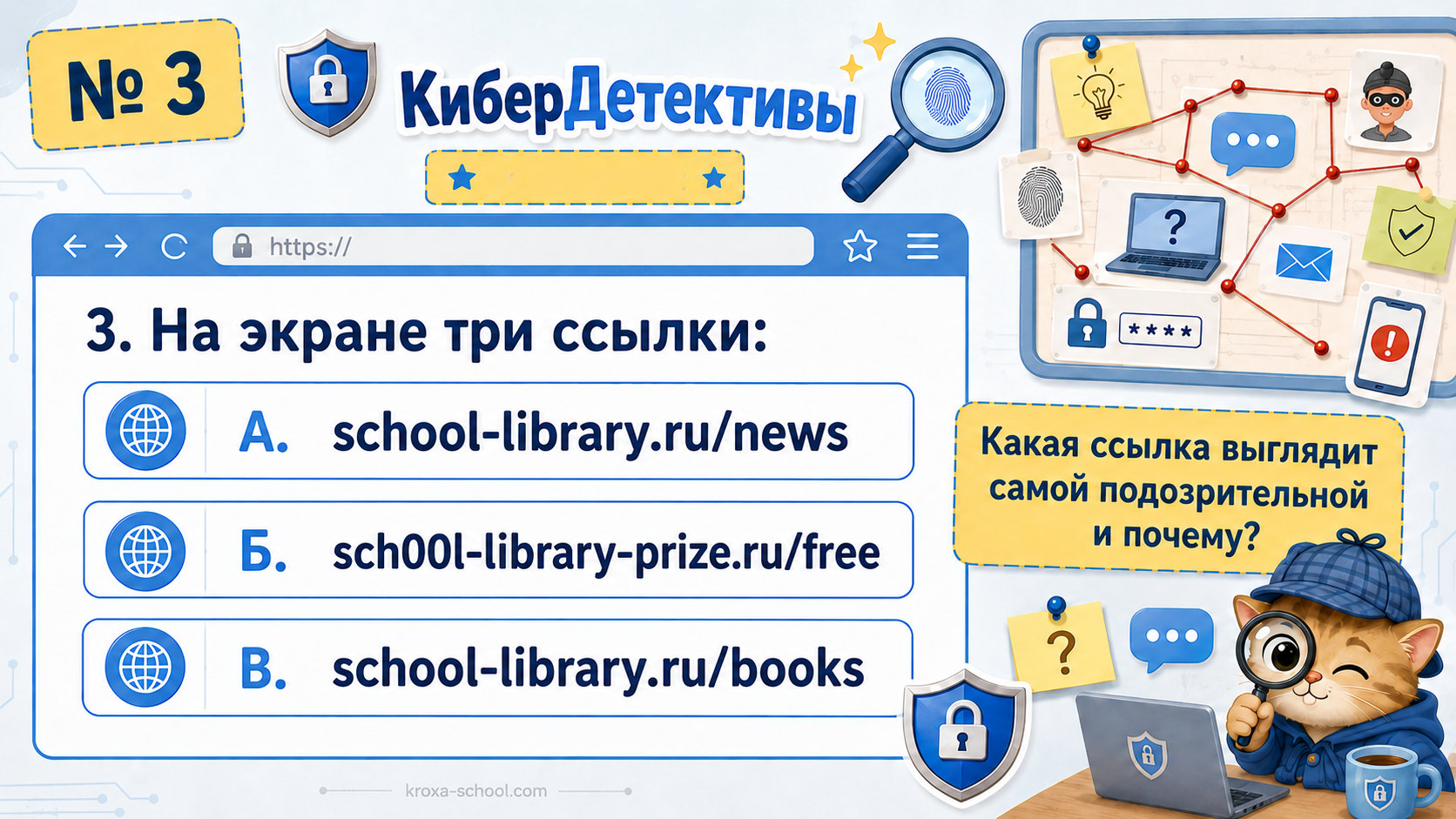 Задание № 3 из «КиберДетективов»: сравнить три адреса и объяснить, какой выглядит подозрительно