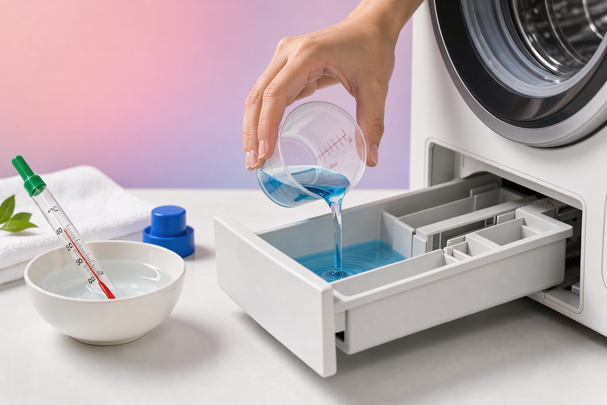 Hand pouring a small measured amount of liquid detergent into a washing machine drawer next to a bowl of warm water and a thermometer showing 40-60°C